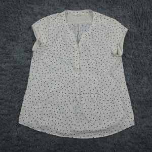 Monday Fun Shirt Womens Large White Polka Dot Short Sleeve Henley Top Blouse